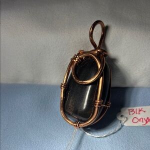 Handcrafted Black Onyx Pendant with Copper Wire Wrap